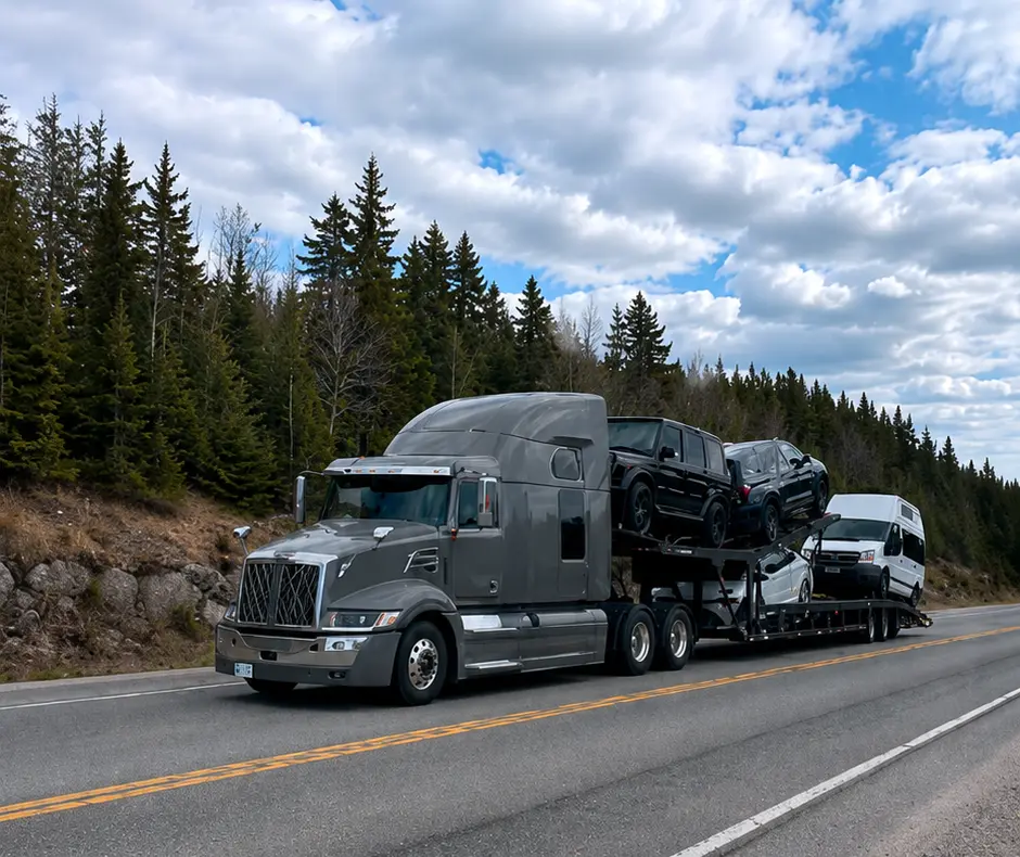 An Automoves car carrier hauling vehicles on a highway in Canada