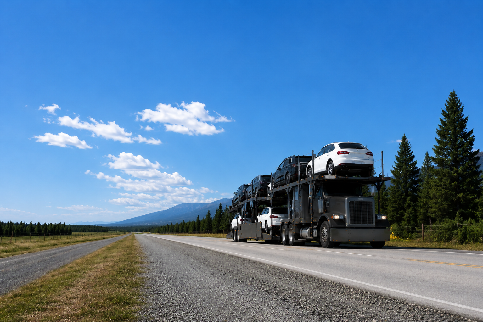 Automoves car carrier on the highway near Edmonton