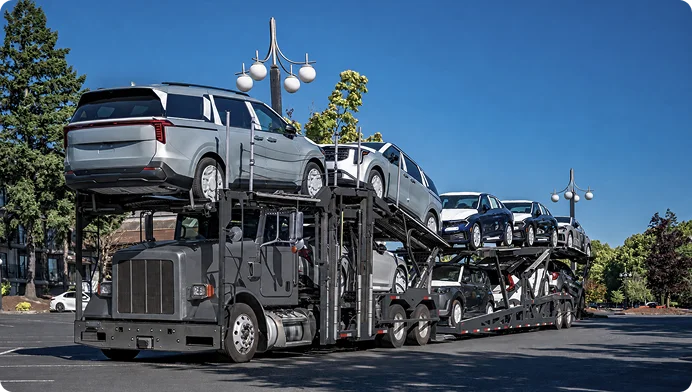 Automoves car carrier loaded with vehicles in Calgary