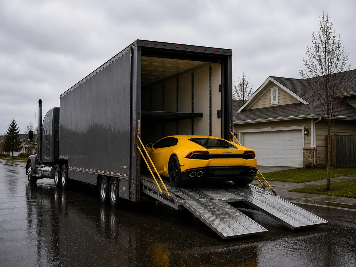 Vehicle being loaded into an enclosed carrier