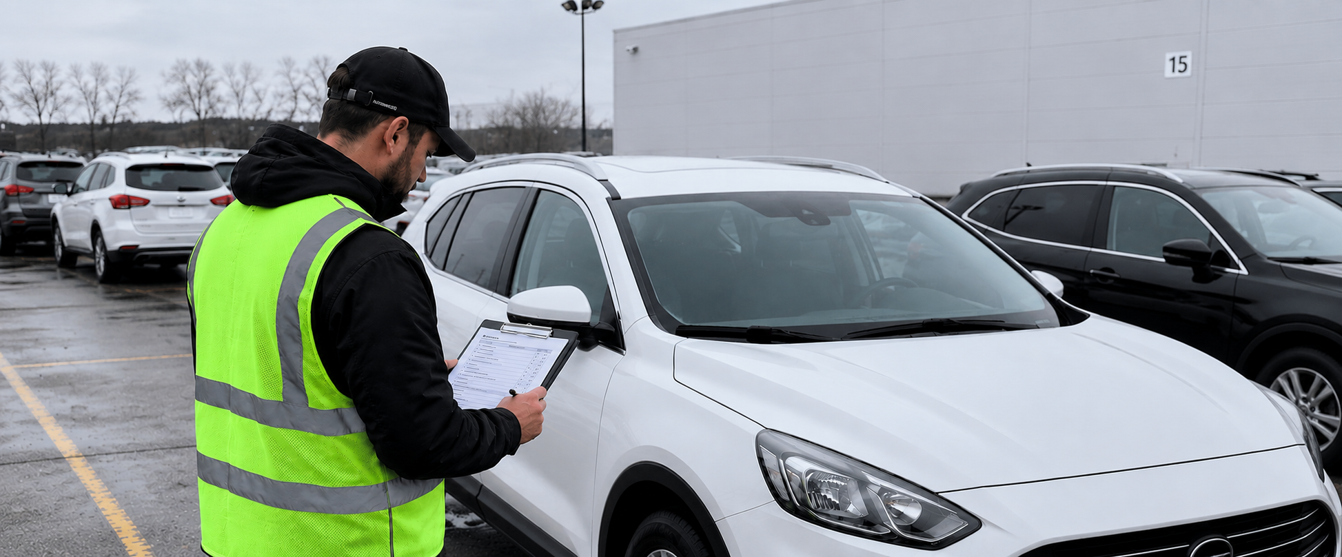 Driver completing a vehicle condition inspection