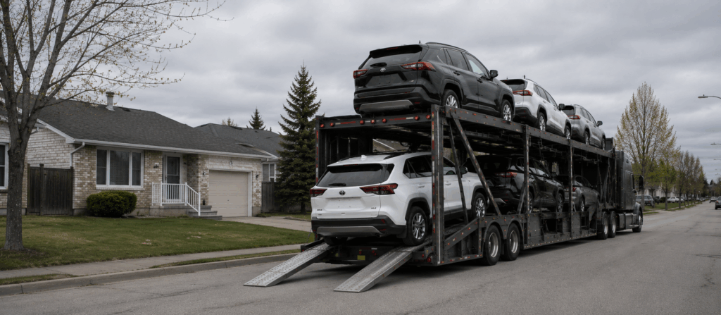Car hauler with vehicles loaded parked in front of a Canadian home.