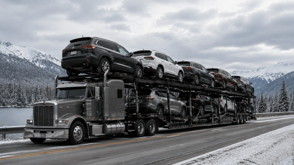 Car hauling trailer loaded with vehicles for snowbird car delivery on a Canadian highway.