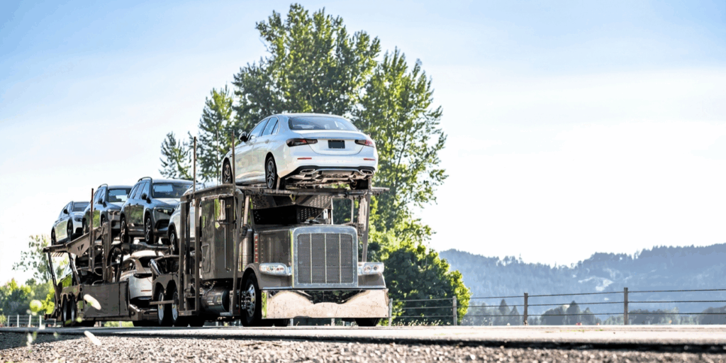 Open car transport trailer moving vehicles across Canada.