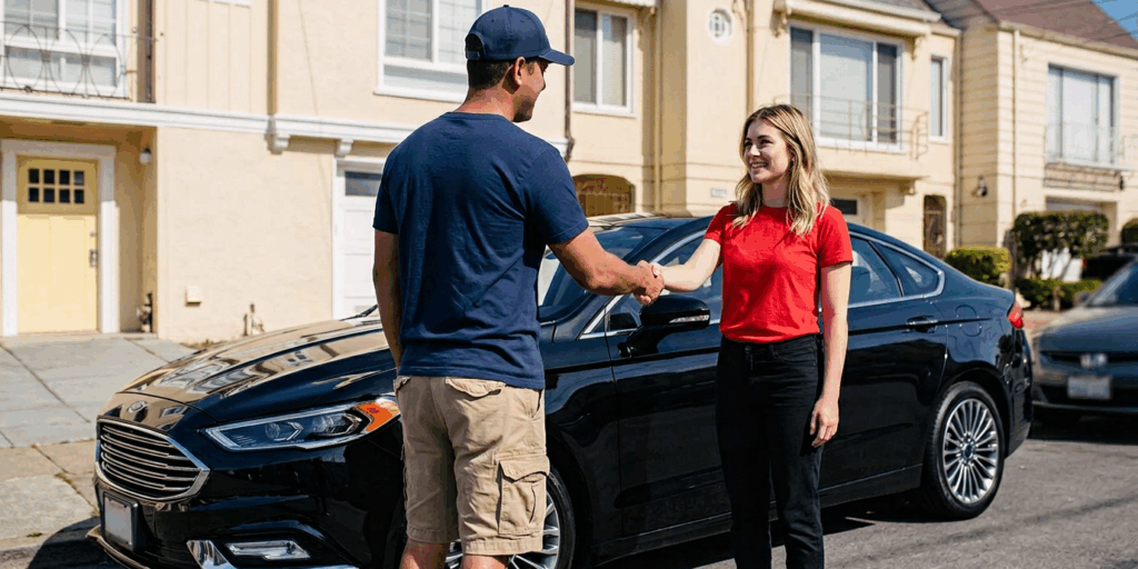 Automoves representative shaking hands with customer after shipping car through door-to-door car shipping services.