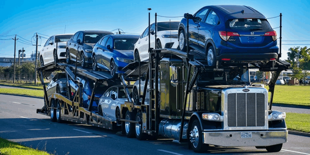 An Automoves Car hauler transporting cars on a Canadian highway.