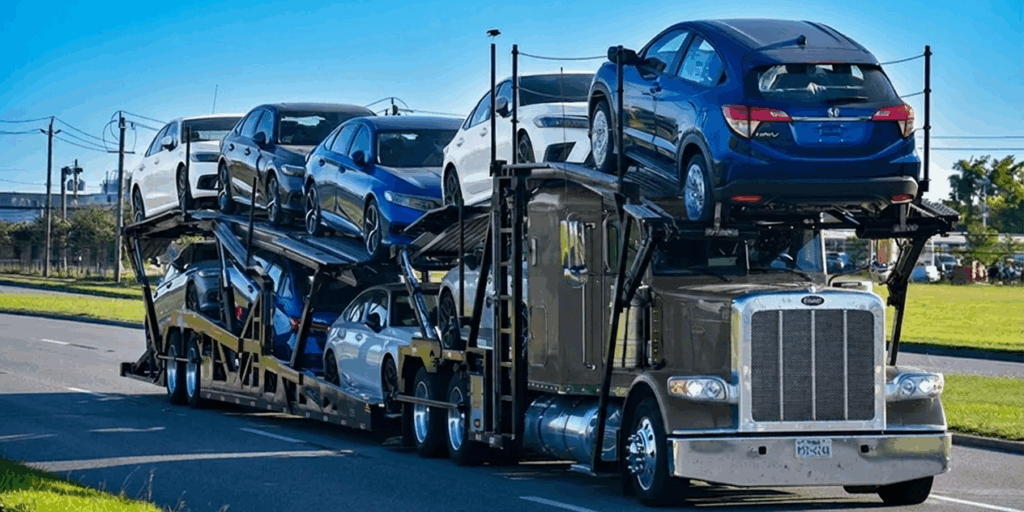 Canadian car hauler shipping automobiles on a highway.