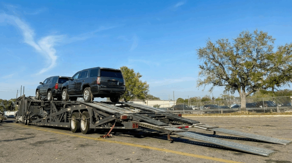 SUVs being loaded onto a trailer for SUV shipping in Canada.