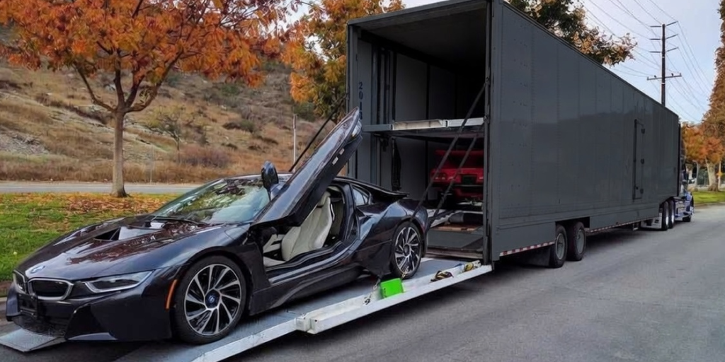 Enclosed car shipping showing a supercar being loaded into an Automoves trailer.
