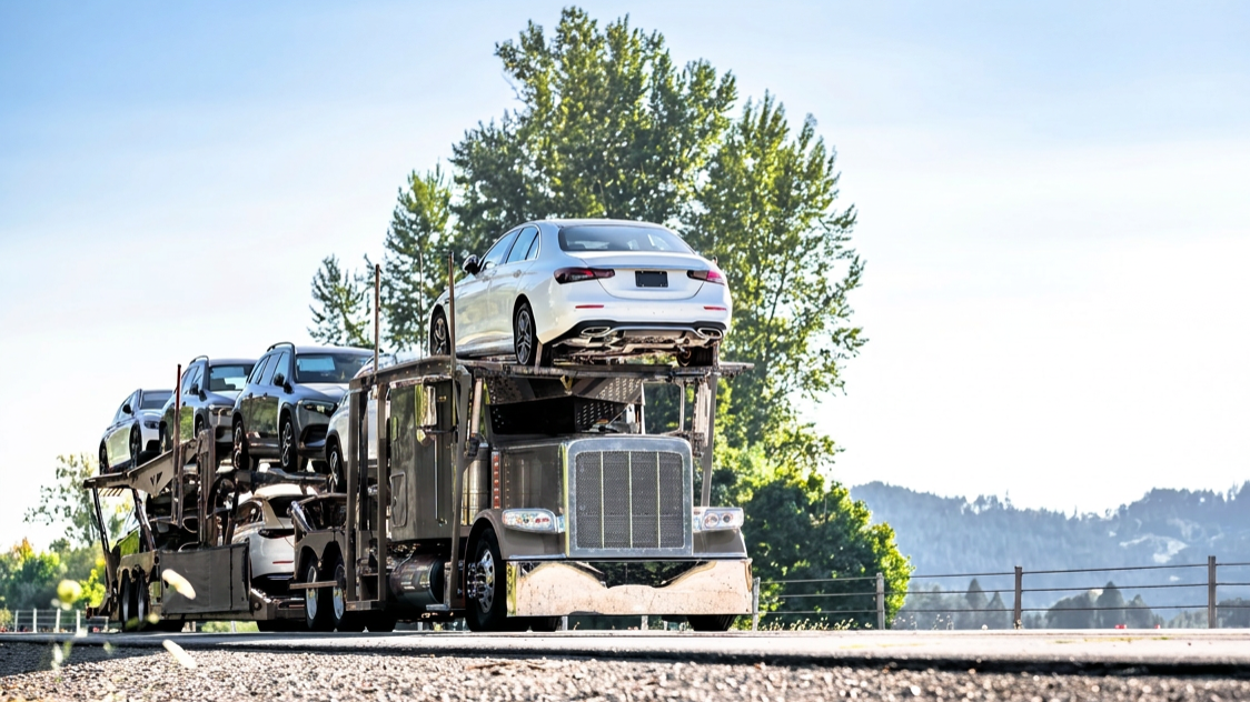Open car transport trailer moving vehicles across Canada.