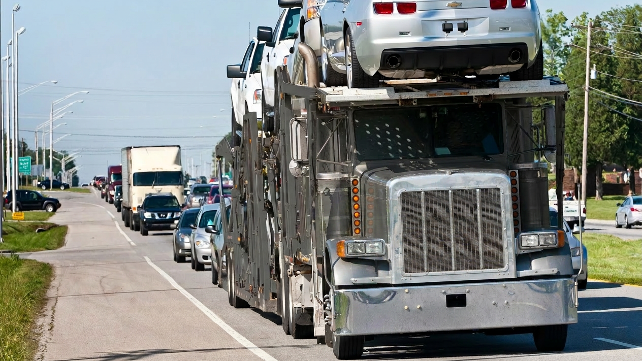 Car hauler shipping vehicles across Canadian highway