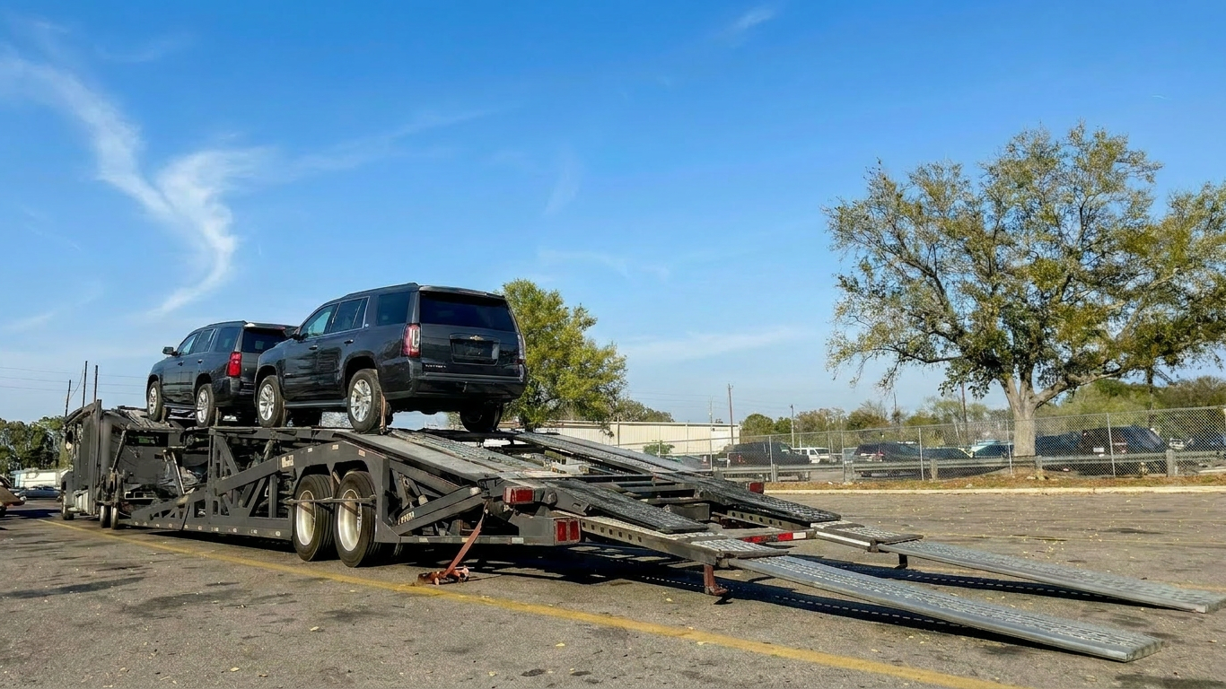 SUVs being loaded onto a trailer for SUV shipping in Canada.